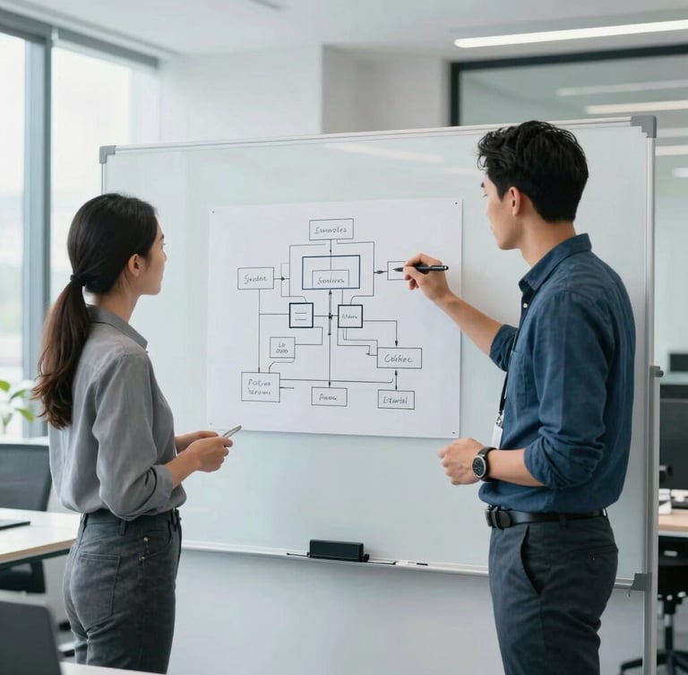 Straight-on medium shot of a developer and marketer analyzing system architecture diagrams on a physical whiteboard in a bright, modern corporate office with cool slate tones.