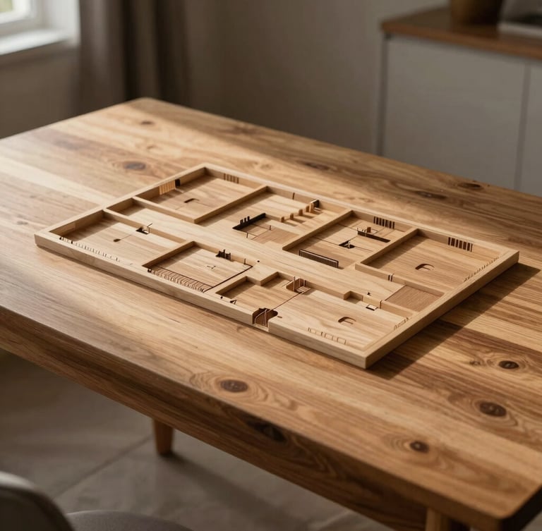 Planos arquitectónicos limpios sobre una mesa de madera noble, luz natural cenital, sombras marcadas, enfoque simétrico.