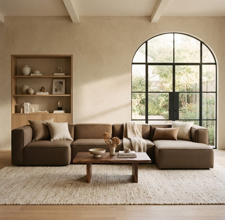 Straight-on architectural shot of a minimalist living room, warm natural daylight casting soft shadows, a modular contemporary sofa in warm taupe fabric, neutral earth tones, 35mm