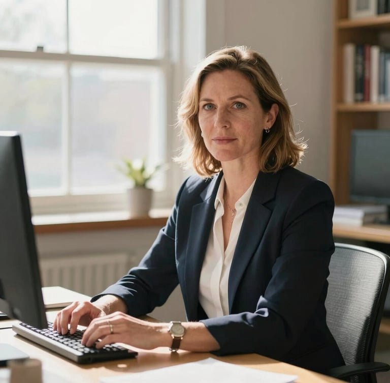A medium-close portrait of Coach Sherry, a focused woman in her late 40s, sitting in an organized sunlit study with direct eye contact, bright natural window light, soft shadows, warm editorial photography, 35mm
