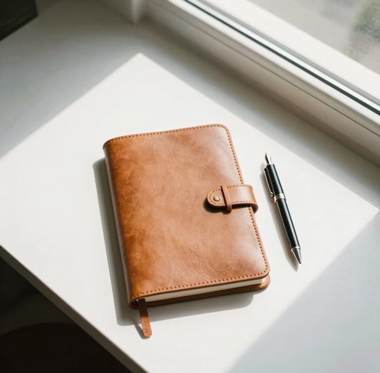An overhead flat-lay of a structured leather journal, a fountain pen, and clean architectural lines of a sunlit academic workspace, warm editorial photography, bright natural window light, soft shadows, 35mm