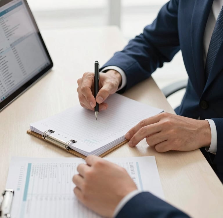 Medium close-up of hands reviewing physical ledgers and digital tax spreadsheets on a clean desk setup, soft natural daylight, professional corporate navy tones.