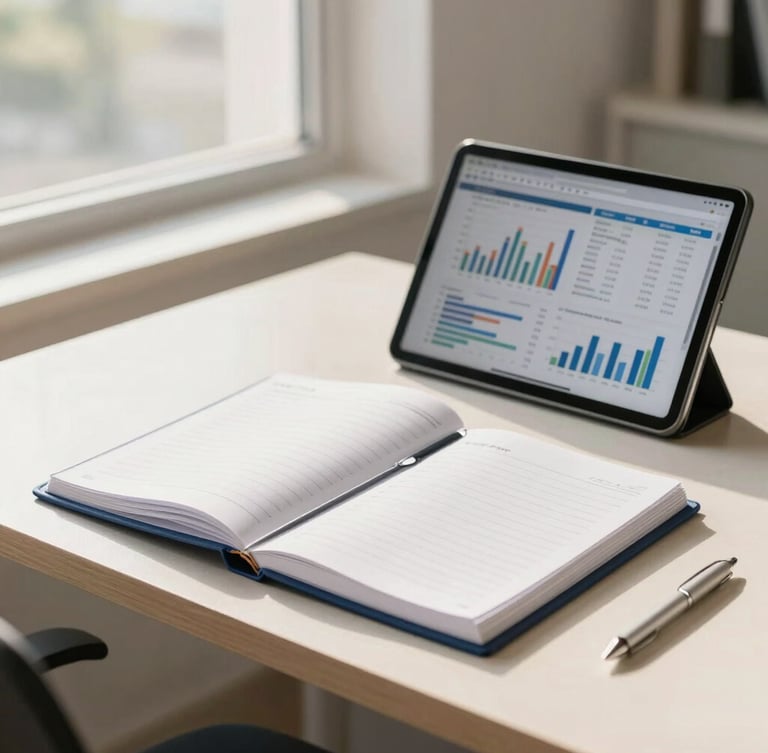 A bright, clean corporate workspace in New Delhi, a professional desk with an organized physical ledger next to a modern digital tablet displaying financial charts, warm natural daylight from a side window, professional editorial style.