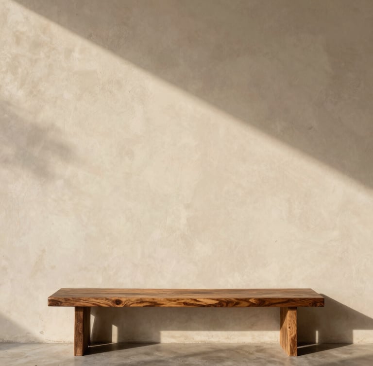 A tall portrait of a raw plaster wall meeting a dark oak bench, natural late-afternoon shadow play, warm cream tones.