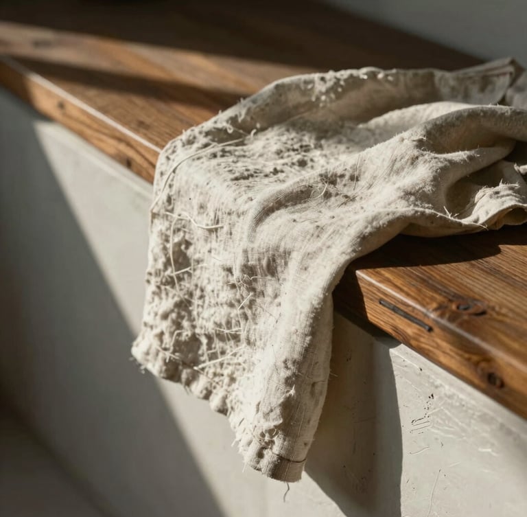 A close-up of raw linen draped over a hand-applied plaster ledge, soft afternoon light casting long shadows across a dark oak bench.