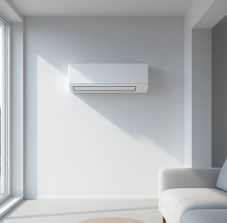 Helle, minimalistische Wohnraum-Architektur bei natürlichem Tageslicht, eine elegante, flach integrierte Klimaanlage an einer weißen Wand, weiche Schatten, professionelle Fotografie, 35mm-Objektiv