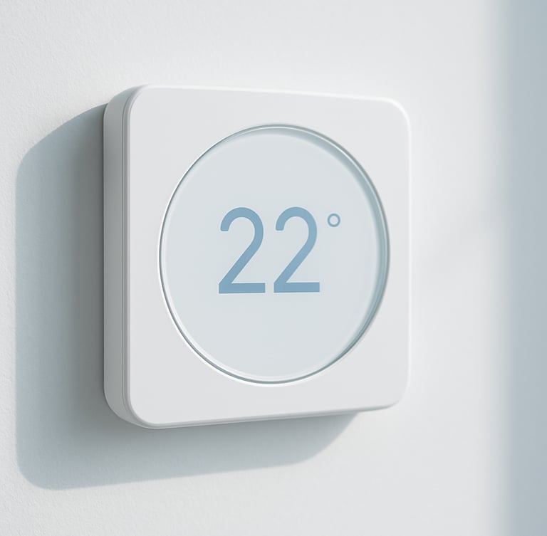 Close-up of a sleek digital thermostat mounted on a clean white gallery wall, displaying 22 degrees Celsius, soft natural daylight casting gentle shadows, minimalist aesthetic