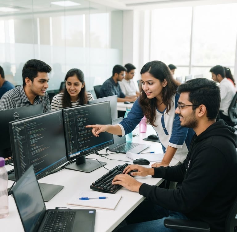 A bright, high-key photo of Indian IT students collaborating in a modern computer lab, crisp focus on screens with code, natural daylight, 35mm