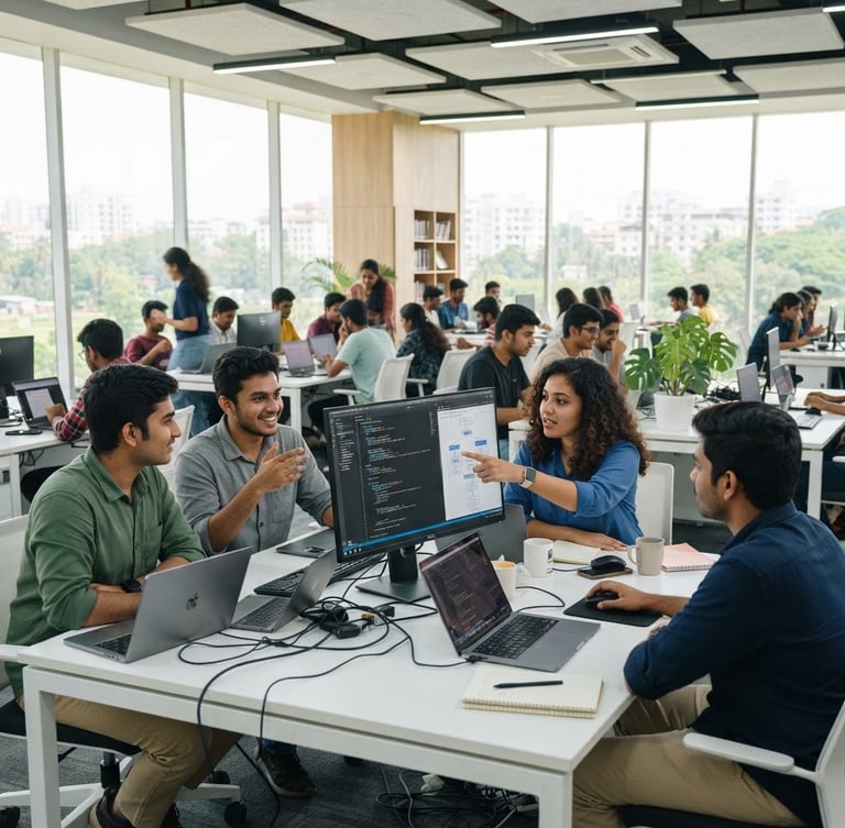 Bright modern computer lab in Trivandrum with students collaborating, high-key daylight, clean screens displaying code, authentic learning environment