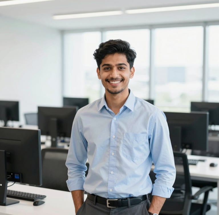 Bright commercial portrait of a smiling young professional graduate in a modern office setting in Trivandrum, natural daylight, professional focus.