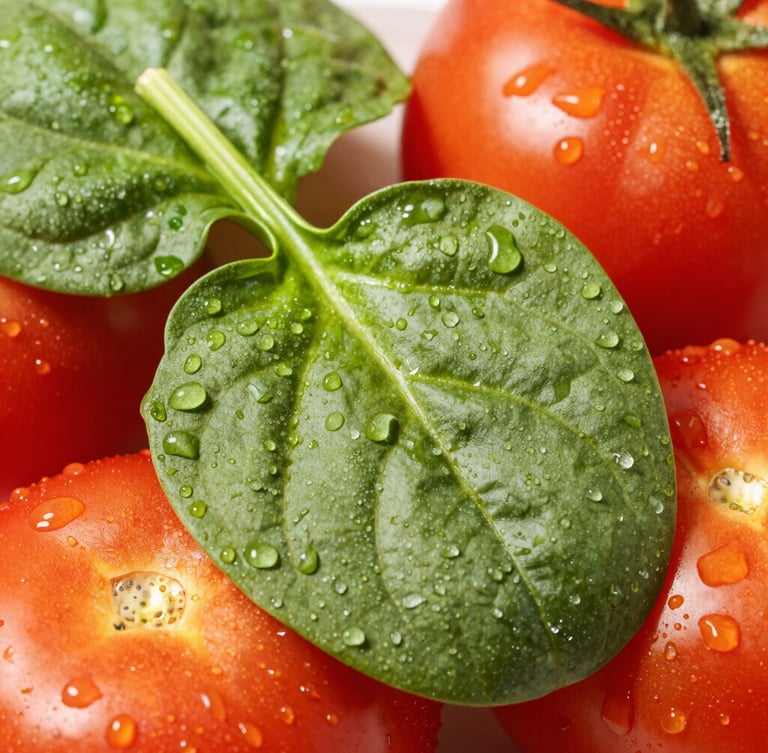 Extreme macro shot of dew-kissed vibrant green spinach leaves and crisp red tomatoes, bright morning sunlight, water droplets, high-contrast food photography