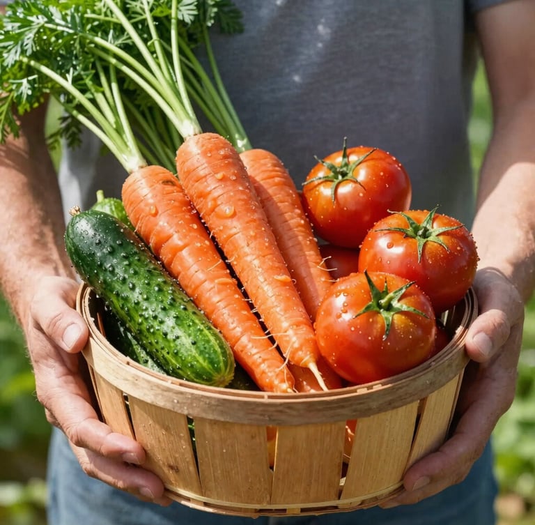 Hands of a local farmer holding a rustic wooden basket overflowing with freshly harvested orange carrots, green cucumbers, and ripe tomatoes, bright natural morning sun