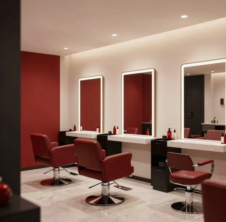Clean and organized modern luxury salon interior, warm high-key studio lighting, rich crimson accents