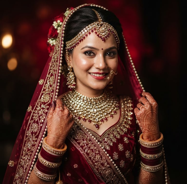 editorial beauty photography of a real Indian bride, soft warm studio lighting, rich crimson accents, shallow depth of field, 85mm