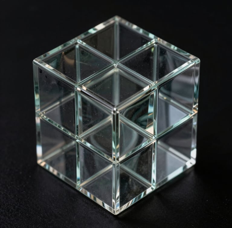 Symmetrical macro shot of a complex 3D geometric glass structure, sharp light refracting through dark glass vectors, pure black background, high contrast, minimalist Swiss aesthetic.