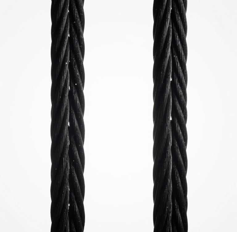Symmetrical macro photograph of black steel structural cables under high tension, stark studio lighting, deep shadows, absolute precision
