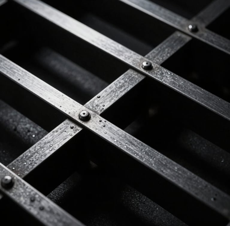 A stark, high-contrast macro photograph of structural metal vectors under razor-sharp studio lighting, cast in deep black shadows and crisp white highlights, exhibiting extreme geometric tension.