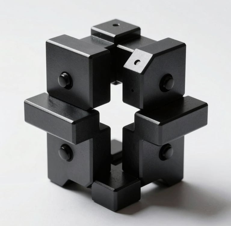 Symmetrical macro 3D render of black metallic geometric structures under stark studio light, high contrast, casting sharp shadows on white background, minimal composition