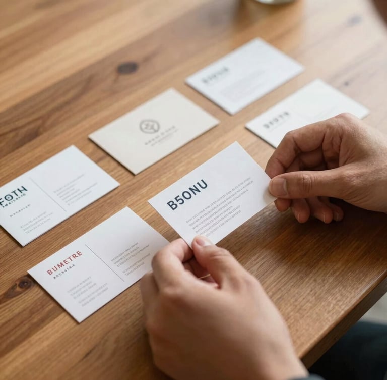 Warm editorial photography of a designer's hands arranging freshly printed business cards on a clean wooden table, natural daylight, rich organic tones, shallow depth of field, 35mm
