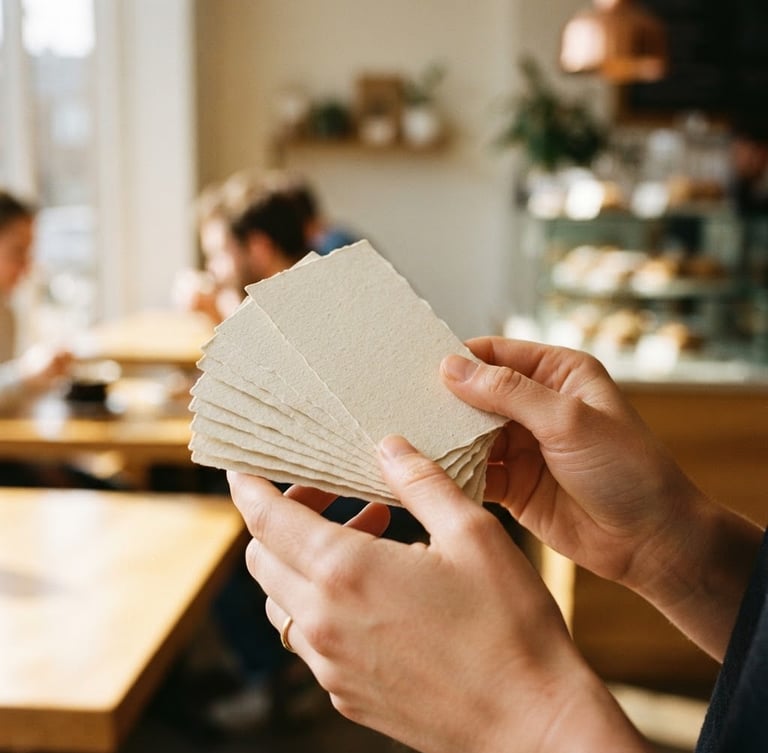 Close-up of hands holding a set of beautifully designed, minimalist paper business cards in a warm, sunlit local bakery, shallow depth of field, 35mm photography