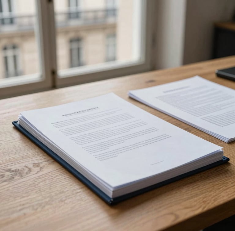 A close-up of structured legal dossiers on a heavy oak table, soft overcast Parisian daylight from a tall window, muted navy tones, editorial corporate photography.