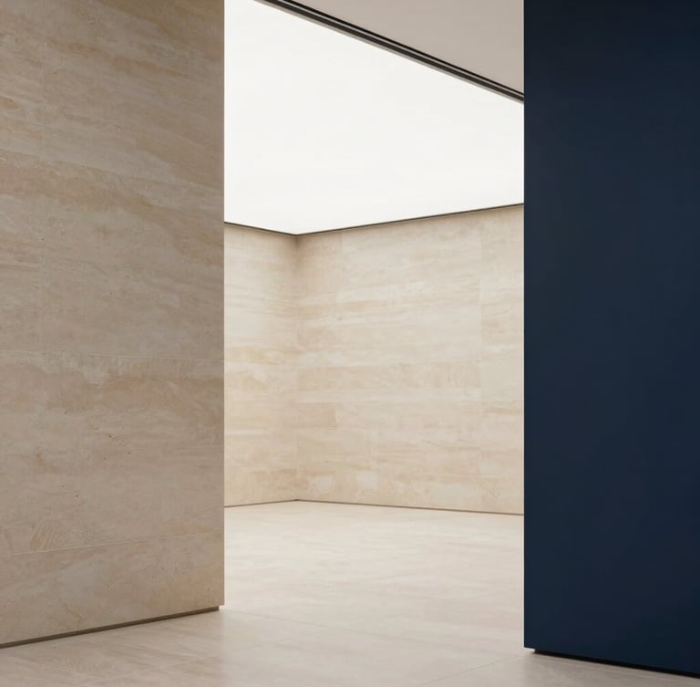 Architectural details of a modern Parisian office interior, clean limestone walls, soft diffused overcast daylight, minimalist aesthetic, 35mm lens
