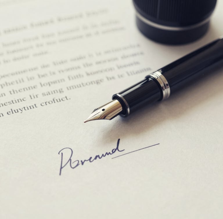 Close-up of a fountain pen resting on a signed legal document, heavy textured paper, soft diffused overcast light, muted navy tones, 35mm lens.