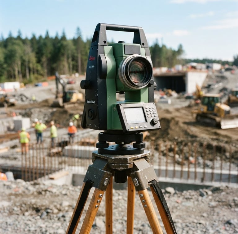 Close-up of a premium Leica Total Station mounted on a heavy wooden tripod, sharp focus on the glass optics, bright daylight, professional civil construction site background, 35mm.