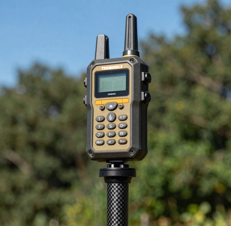 Close-up of a ruggedized Trimble GNSS receiver mounted on a carbon fiber pole against a clear blue sky, bright natural daylight, sharp focus, technical details visible