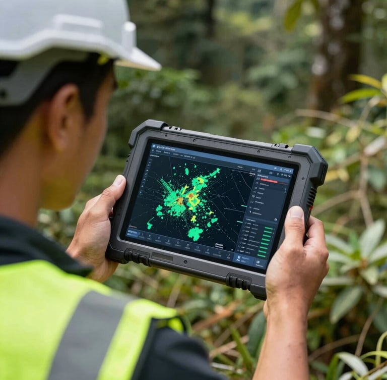 Over-the-shoulder shot of a certified Indonesian geodetic engineer in a high-visibility vest analyzing complex 3D point cloud data on a ruggedized field tablet, bright daylight.