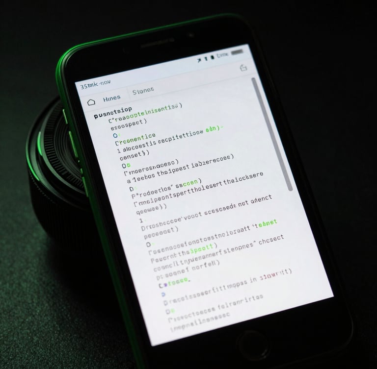 Macro shot of a high-end Android device screen showing clean code editor lines reflected on the glass, dark studio lighting with sharp neon-green rim light, 35mm lens