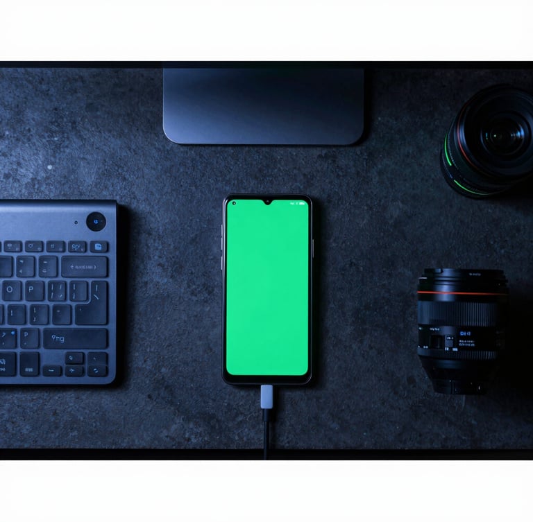 Top-down structured technical desk setup, minimalist workspace, dark concrete texture, sleek Android test devices, cold blue and neon-green accent lighting, sharp focus