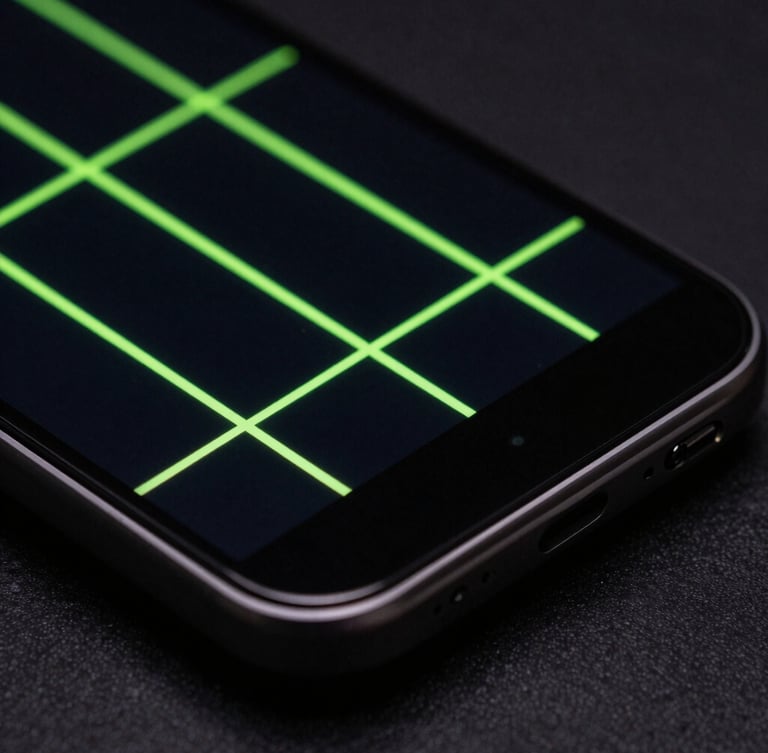 Close-up macro shot of a sleek Android device displaying a dark-themed high-fidelity UI mockup with sharp neon-green glowing lines, low-key moody studio lighting, 35mm lens, crisp details