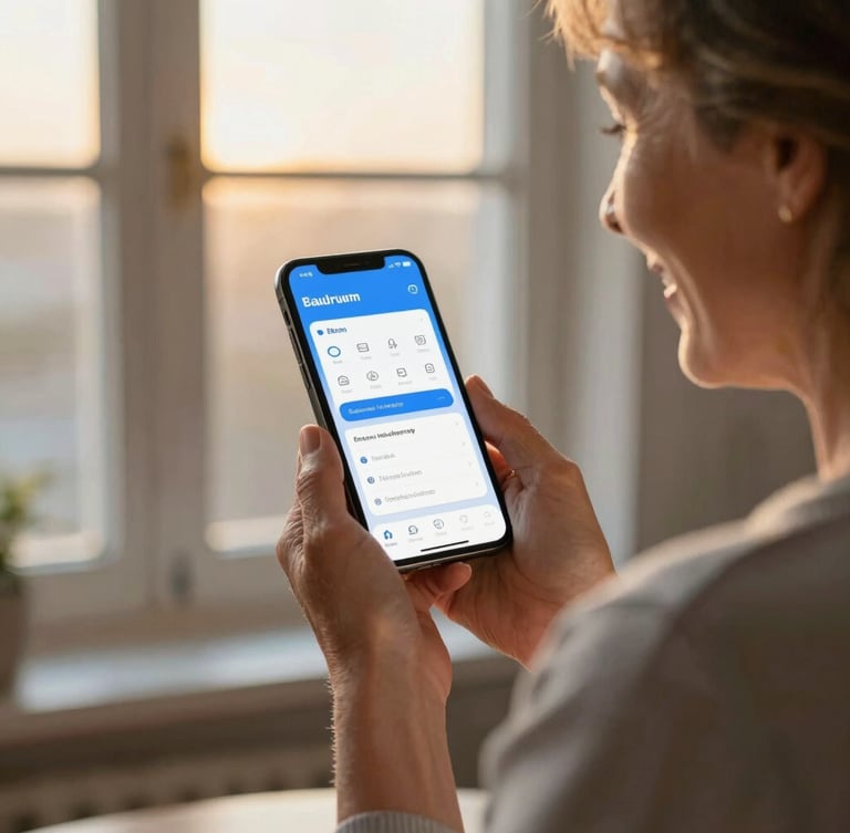 Over-the-shoulder shot of a grandmother smiling while looking at a clean mobile app interface on her phone, warm golden-hour window light, soft blue and gold tones, shallow depth of field, 35mm