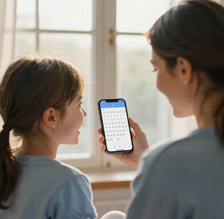 Over-the-shoulder view of a mother and young daughter laughing while looking at a smartphone screen showing a clean calendar interface, warm golden-hour window light, soft blue and gold tones, shallow depth of field, 35mm