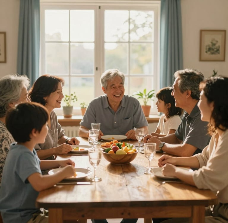 Warm editorial photography of a multi-generational family gathered around a wooden dining table, sharing a laugh during a warm afternoon celebration, soft natural light, cozy home interior, shallow depth of field, 35mm