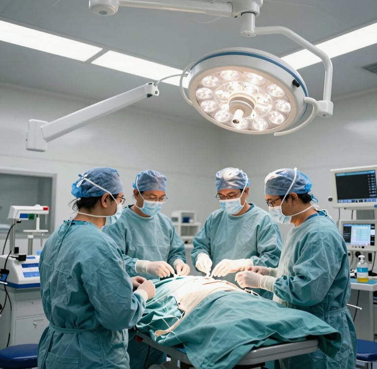 Wide environmental view of a state-of-the-art sterile operating theater in India, clean clinical lighting, advanced laparoscopic equipment, surgical team prepared in clean scrubs, bright natural daylight accents.