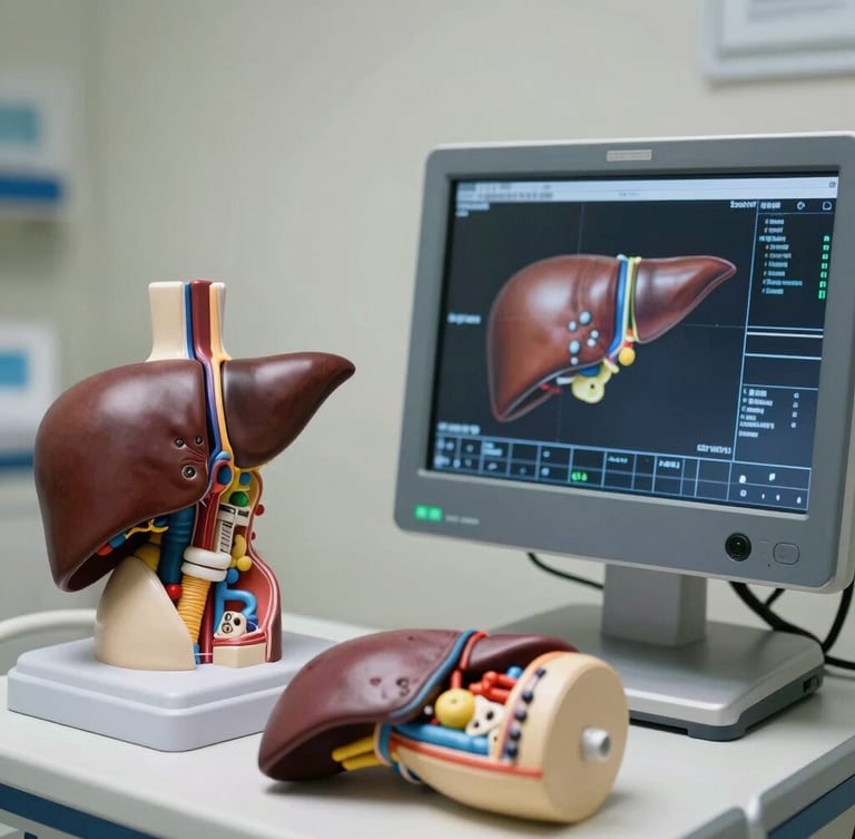 A close-up of a modern clinical liver transplant planning station, showing detailed anatomical models and a high-resolution diagnostic screen in sharp focus.