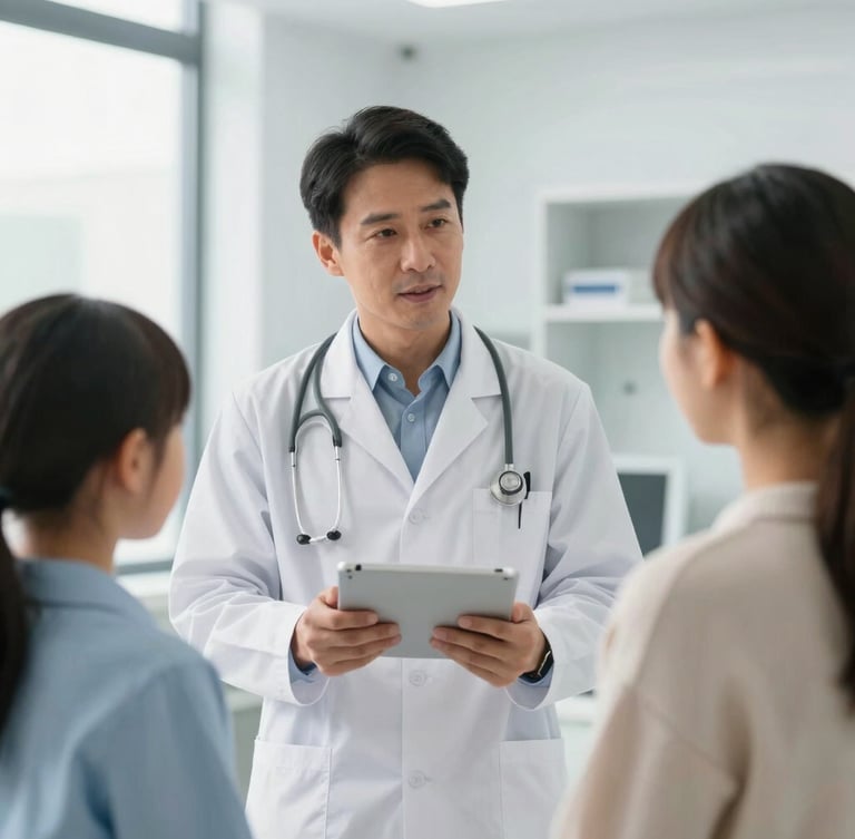 A professional medical coordinator in a bright modern clinic holding a tablet, speaking reassuringly to a family under clean soft clinical lighting.