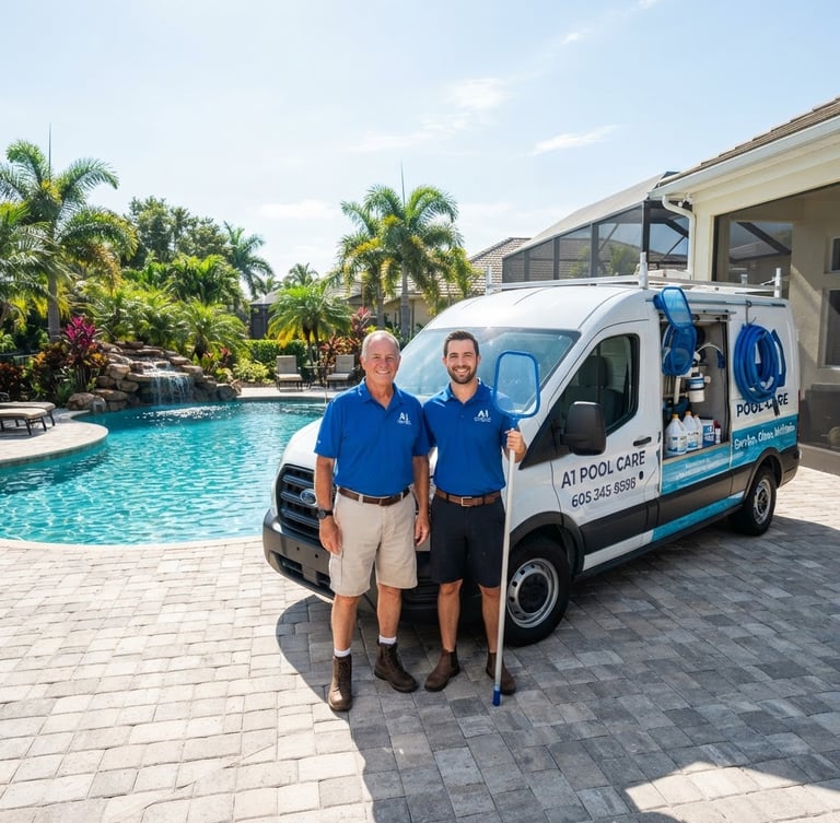 Bright, high-key midday sun, sparkling turquoise pool water, clean shadows. A modern A1 Pool Care service truck parked on a sunny Florida driveway, with two generations of the family team standing proudly beside it, smiling. Wide-angle architectural lens.
