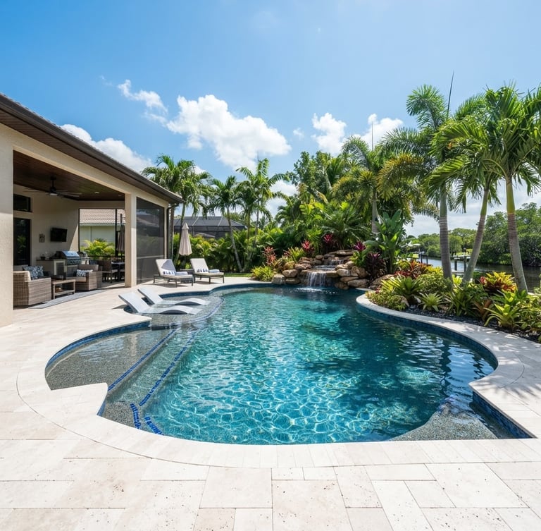Bright, sun-drenched panoramic view of a pristine backyard swimming pool in Southwest Florida, sparkling turquoise water, clean deck, and lush tropical landscaping. Midday sun, clear reflections.
