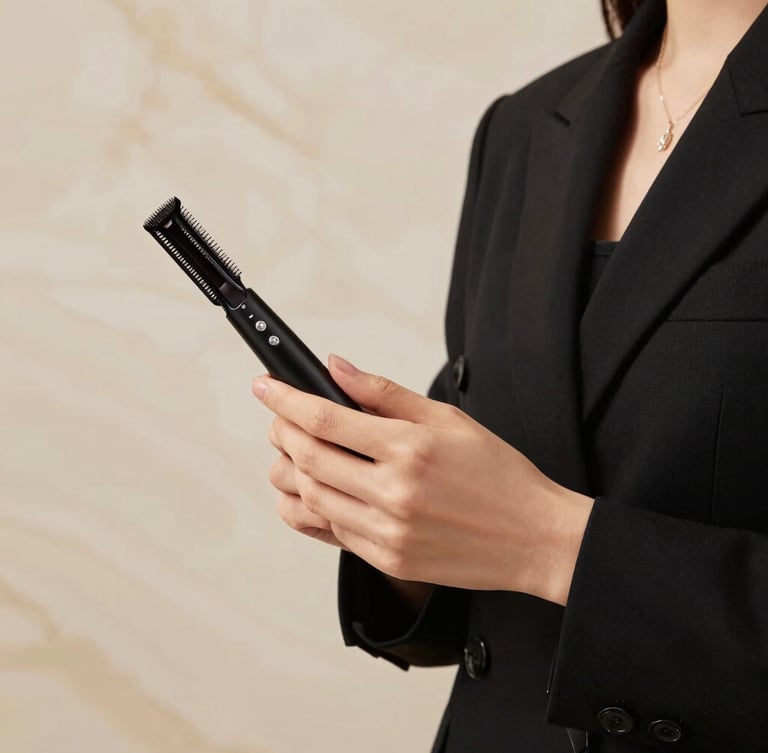 Close-up of a student in a chic black uniform holding premium styling tools, soft warm studio lighting, elegant cream marble background, shallow depth of field, 35mm