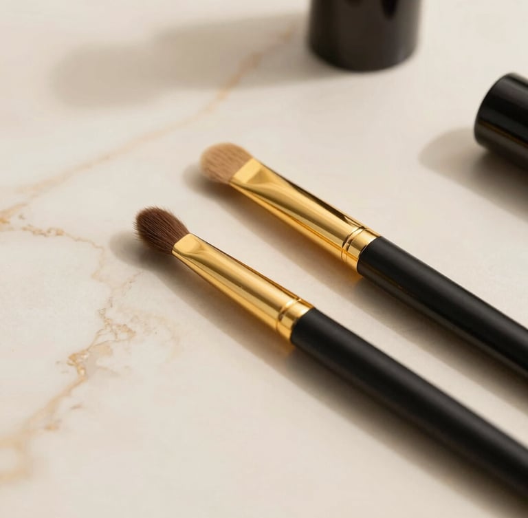 Close-up of premium gold-detailed cosmetic tools resting on a warm cream marble surface, soft diffused studio lighting, elegant shadows