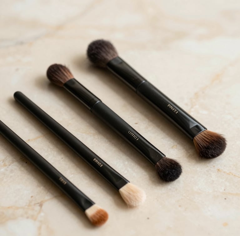 Editorial close-up of premium cosmetic tools resting on a warm cream marble surface, soft diffused natural light, shallow depth of field