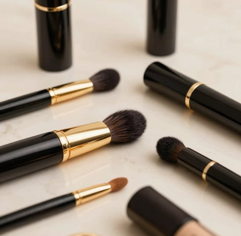 An editorial close-up of premium gold-accented beauty tools arranged on a soft cream marble surface, warm diffused studio lighting, shallow depth of field, 35mm