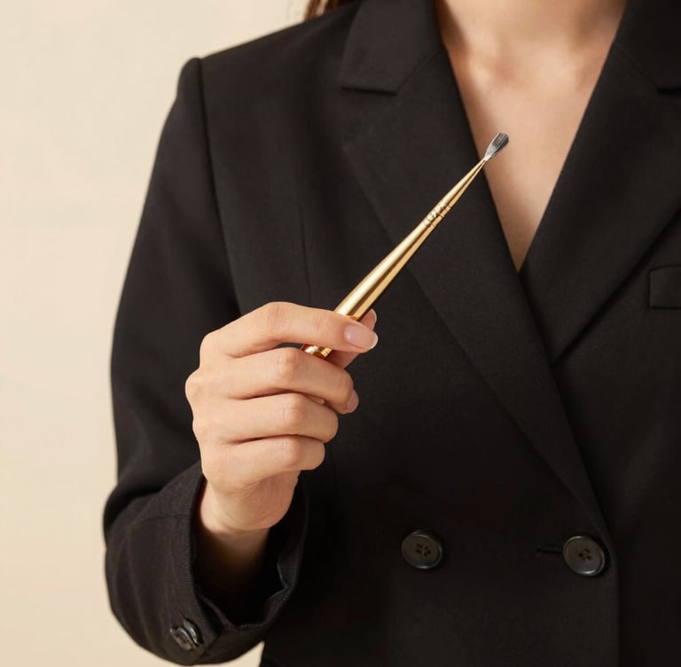 An editorial close-up of a student in a chic black uniform holding a premium gold-accented applicator tool under warm, diffused studio lighting, 35mm