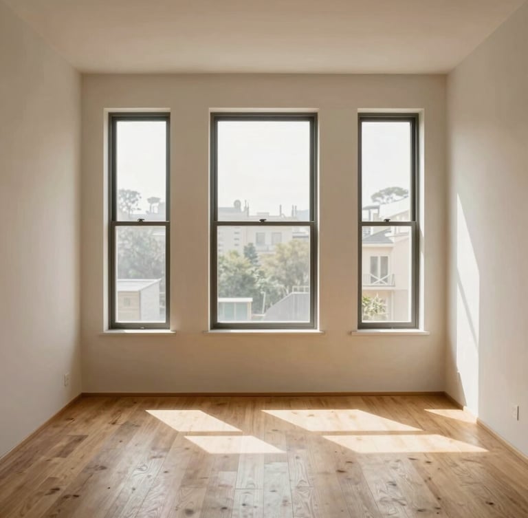 Straight-on architectural shot of a bright, modern apartment interior, soft morning sunlight streaming through steel-framed windows, highlighting natural oak floors and clean plaster walls, realistic 35mm photography.