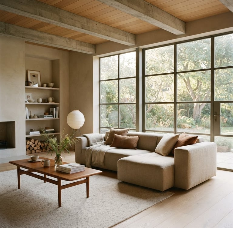 Warm editorial architectural photography, soft natural morning light, muted earthy tones, realistic 35mm lens. A sunlit, minimalist living room with large windows and a comfortable sofa, showing architectural details and natural light, off-center to the right.