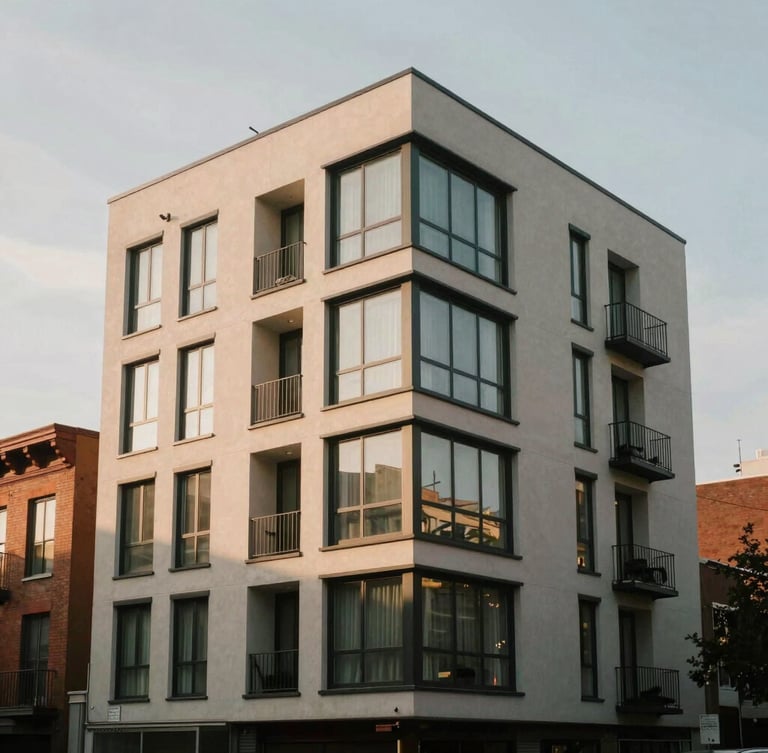 Modern apartment building exterior with large windows, nestled within a vibrant city neighborhood street, architectural angles, soft natural morning light, muted earthy tones, realistic 35mm lens, showing context.