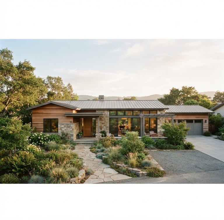 Wide architectural shot of a modern suburban family home exterior, warm morning light, natural garden, muted earthy tones, realistic 35mm lens, expansive sky, low horizon.